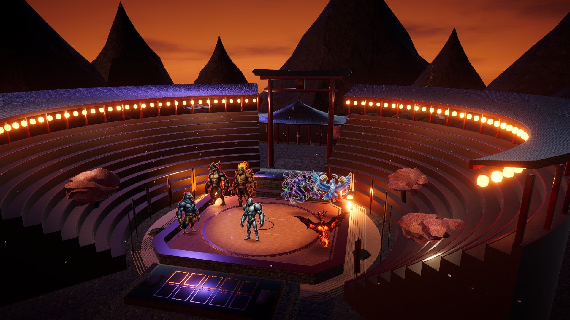 Fighting arena with a torii gate and a ring of lanterns