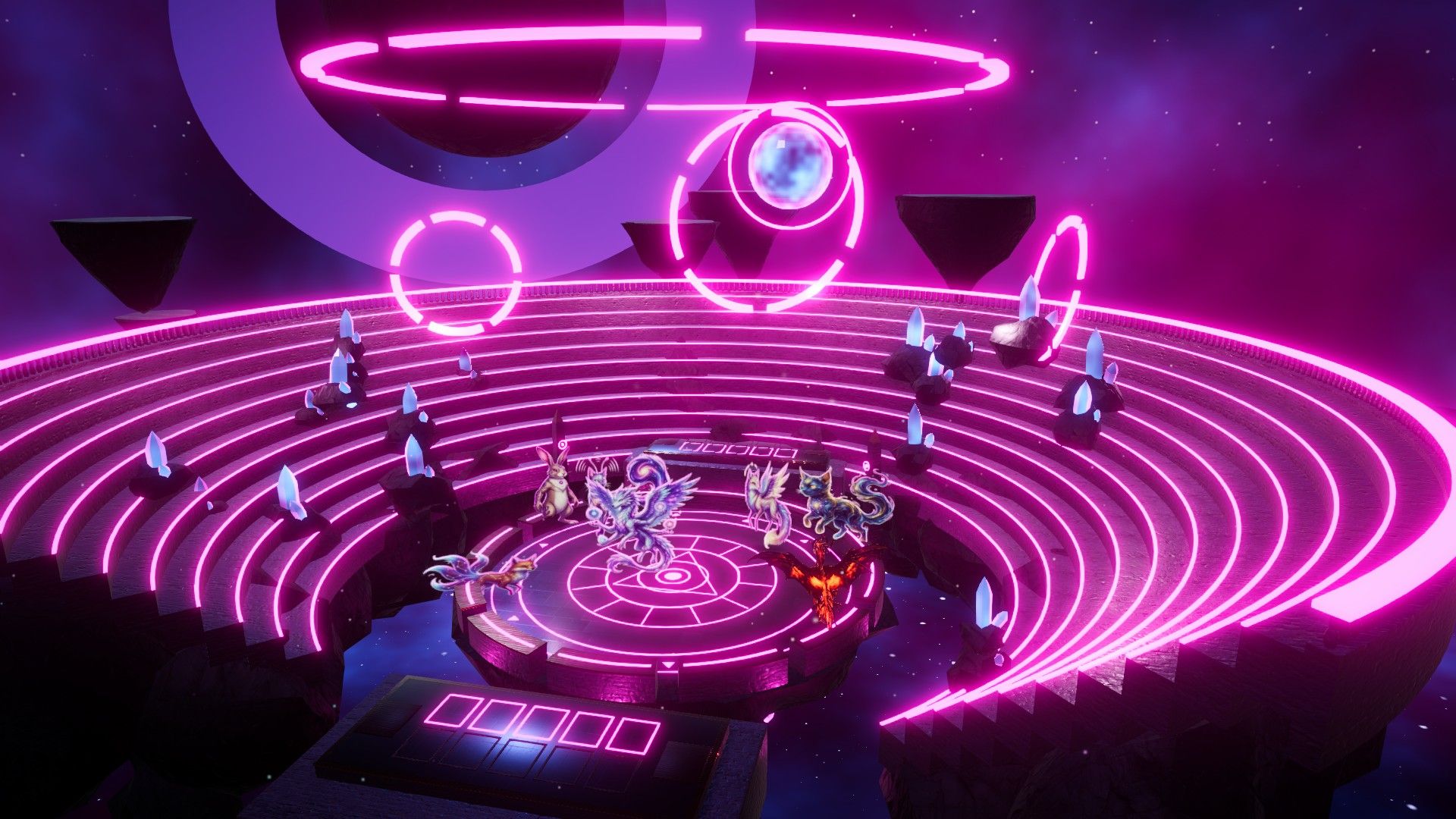 Psychic arena with neon halos