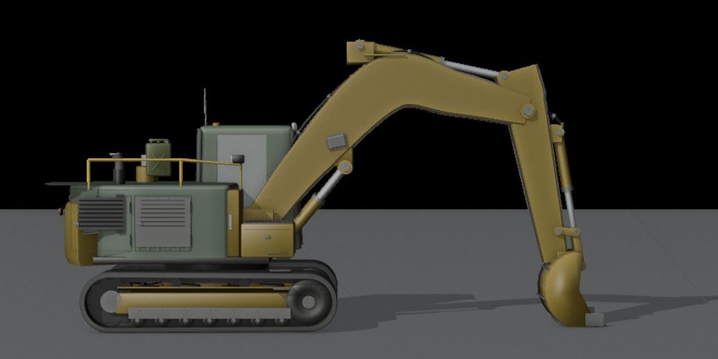 Clay render of the rebuilt excavator: welded boom, hydraulics and hoses