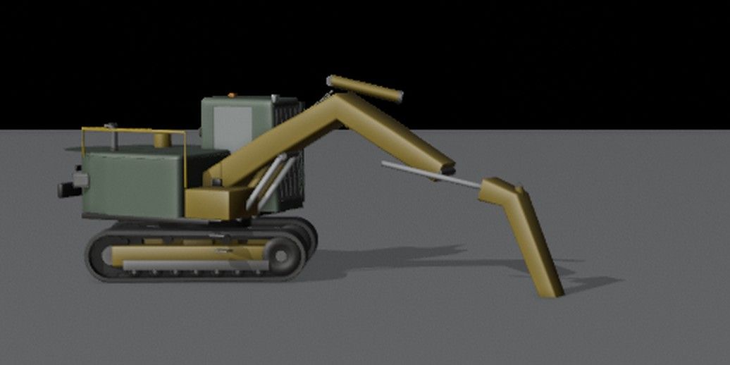 Clay render of the first excavator: thick arm, bucket detached and floating