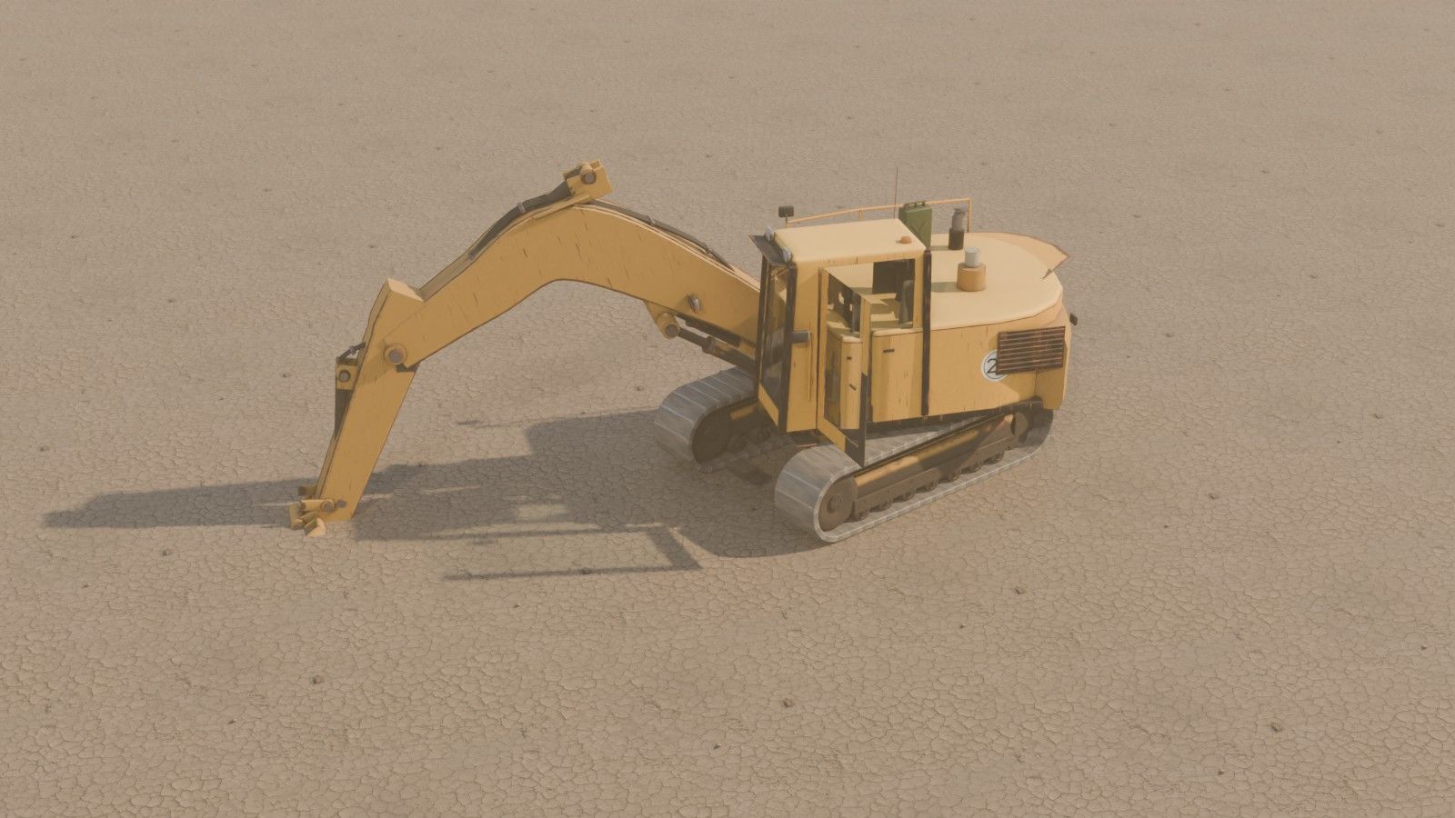 The excavator from above in a dusty field, arm fully extended, bucket in the dirt