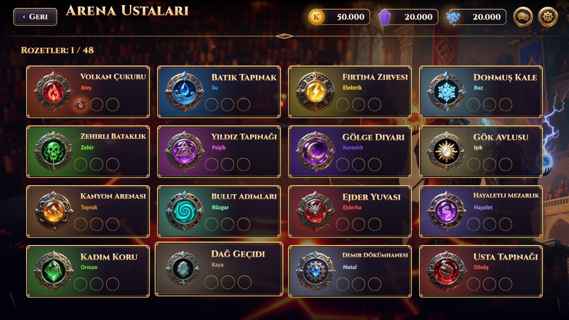 Arena Masters screen with sixteen elemental badges