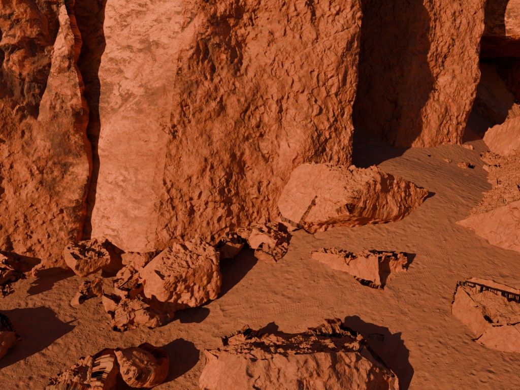 Close view of red sandstone blocks with broken edges