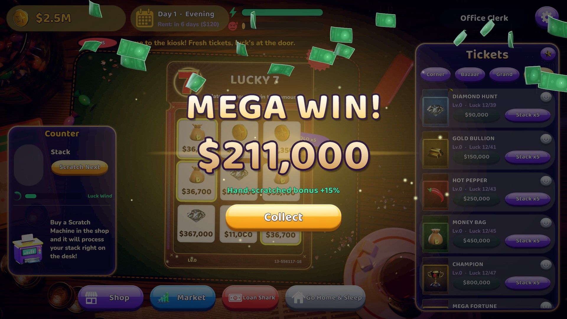 Mega win screen over a holo ticket