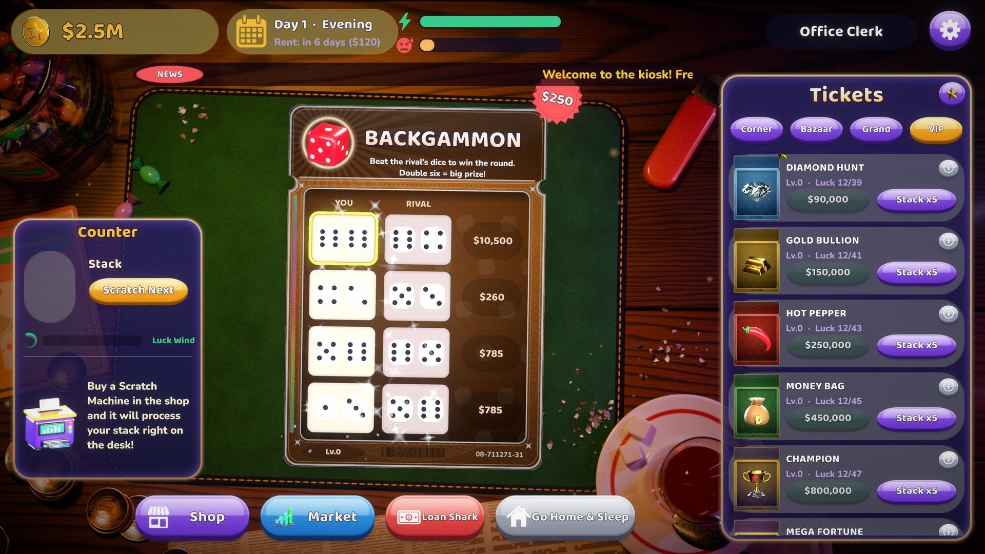 A backgammon ticket with dice outcomes and prize table
