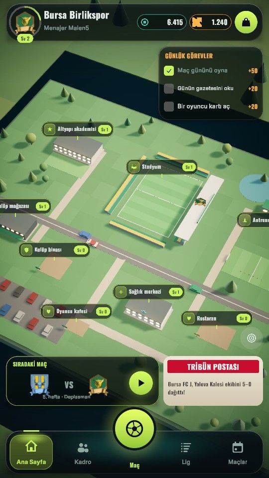 Phone screen: the club campus hub with stadium, training pitches and buildings