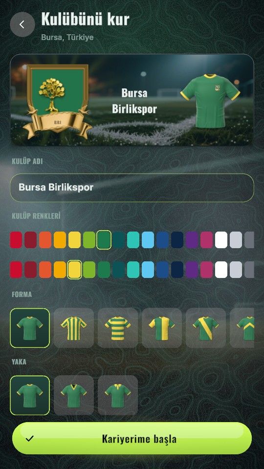Phone screen: club creator with kit colours
