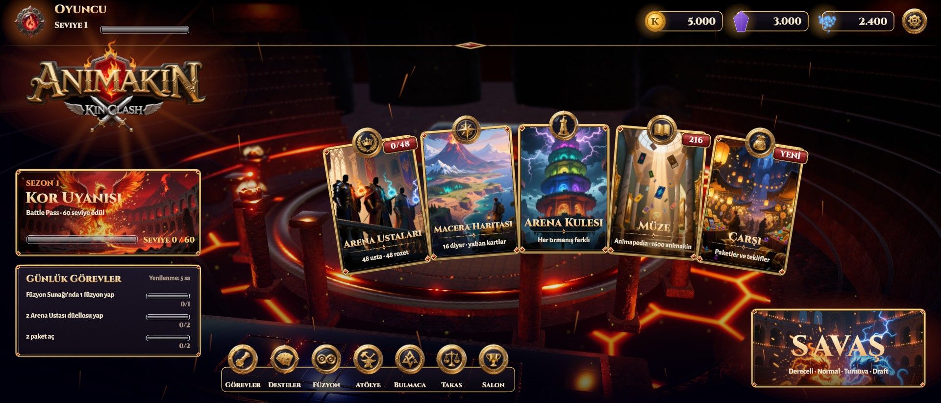 The main hub with a fan of cards and the Battle tile