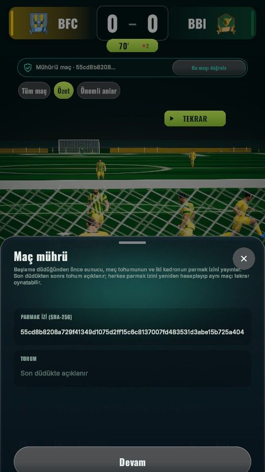 Phone screen: match seal panel with a verification hash over the pitch