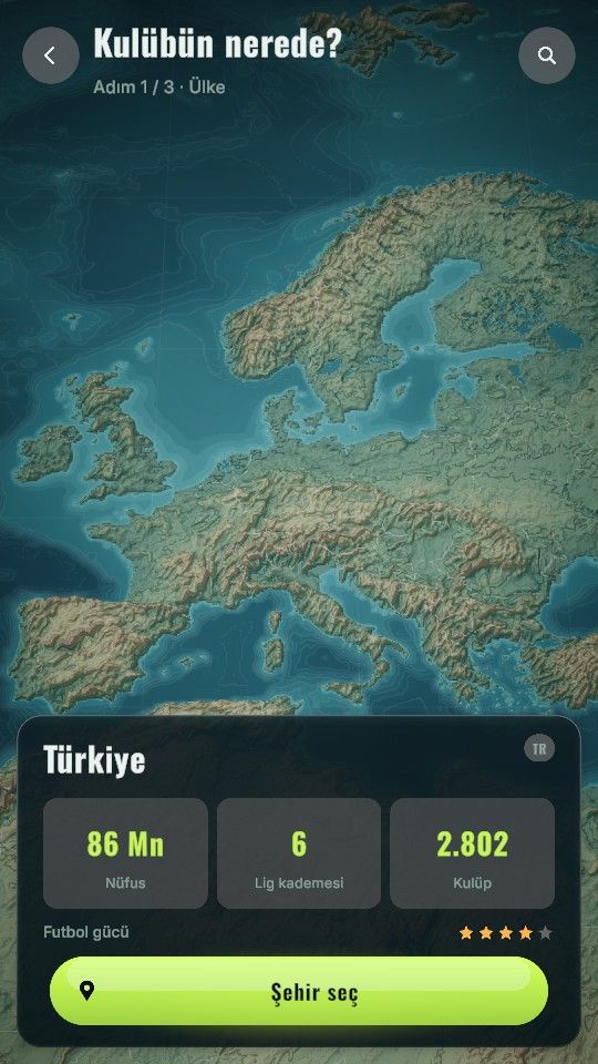 Phone screen: world map with Turkey selected