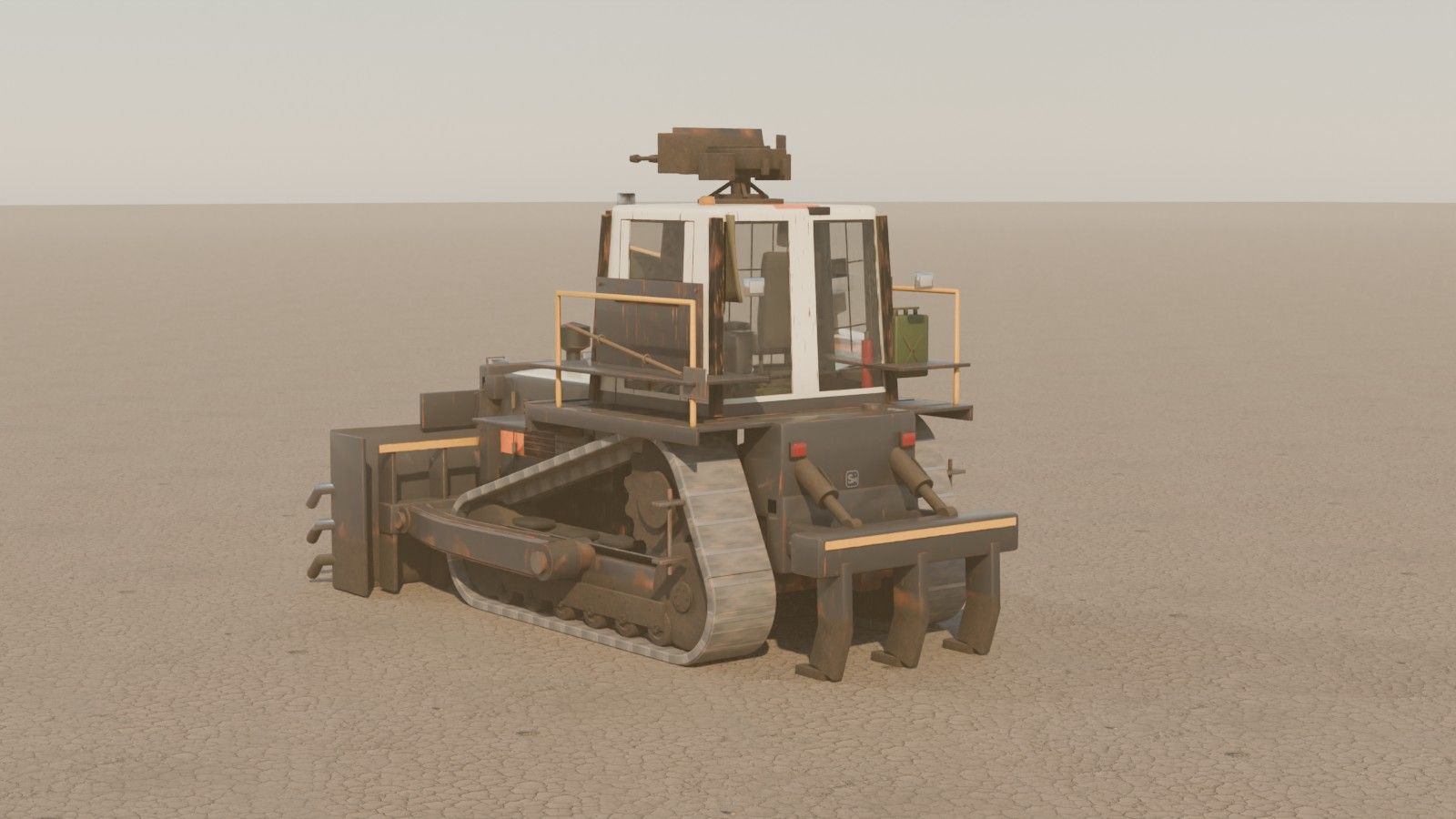 A bulldozer with a gun turret, rear three-quarter view