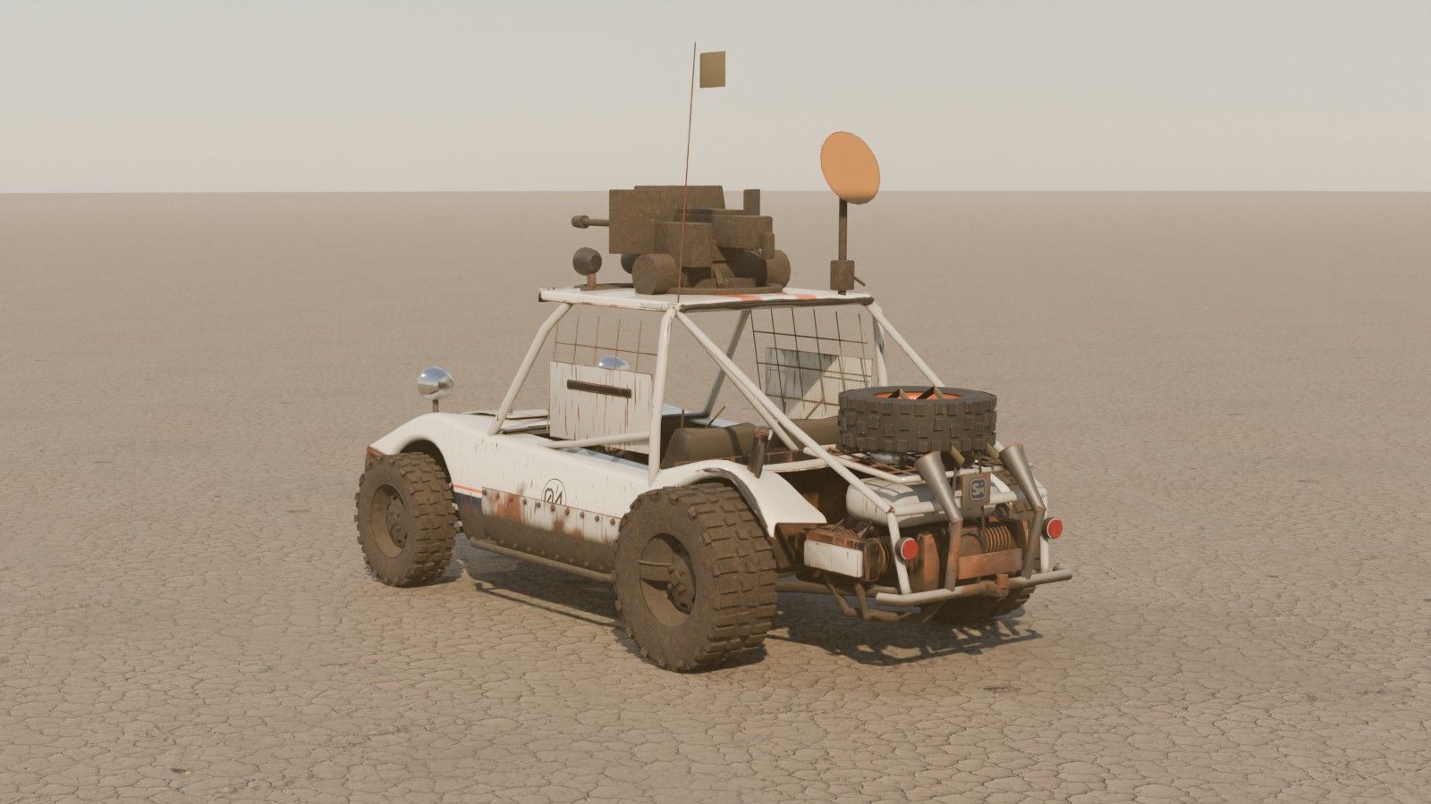 An open-frame dune buggy with a roll cage, rear three-quarter view