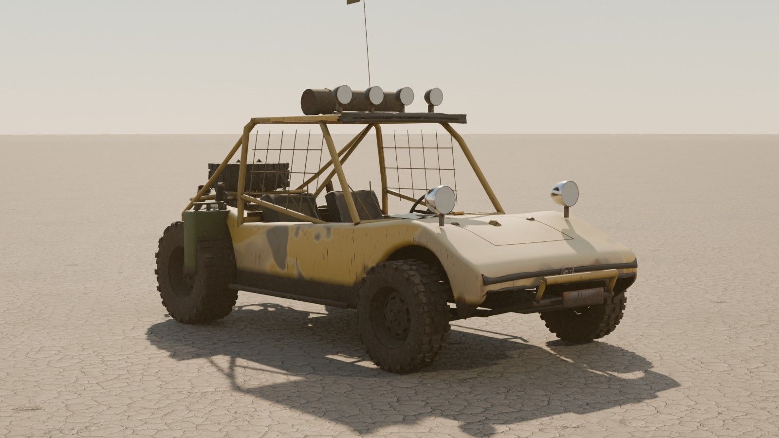 Open-frame dune buggy with spotlights on a salt flat