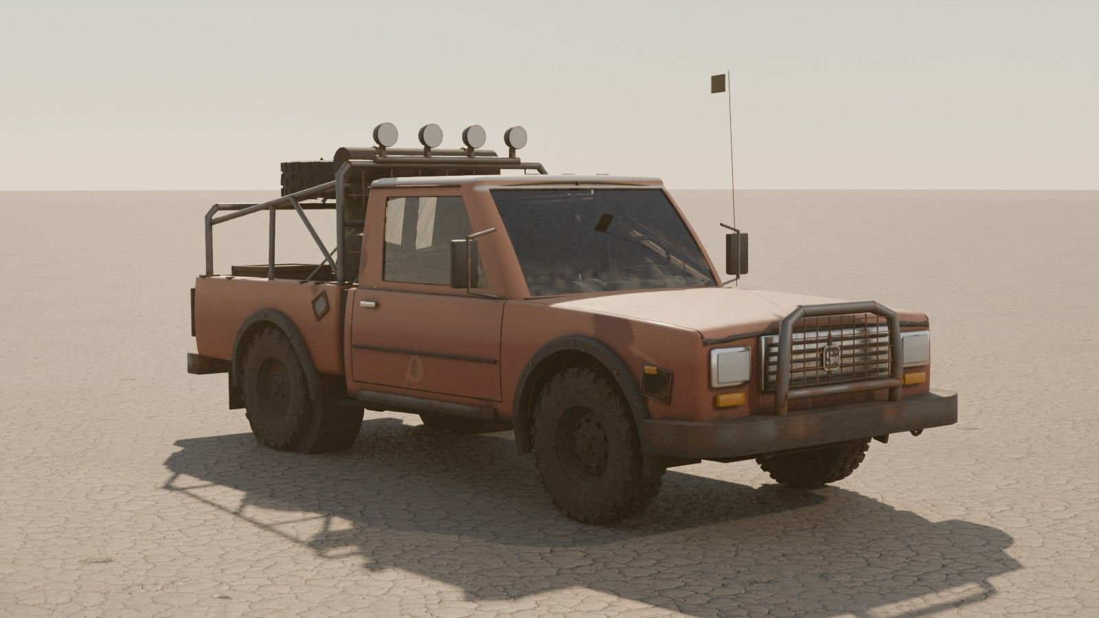Rusted red pickup with a light bar and roll cage on a salt flat