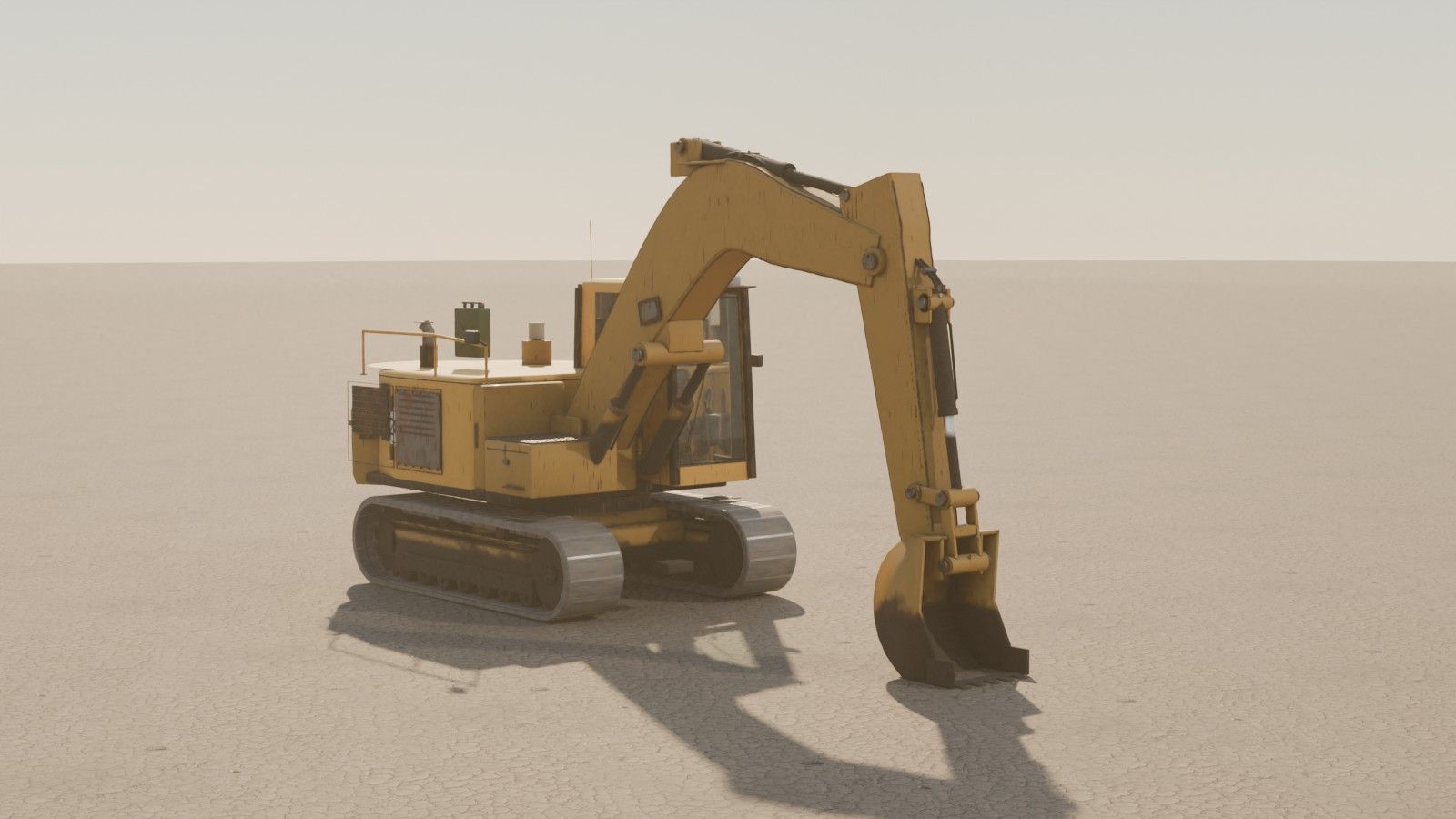A yellow tracked excavator with its arm raised on a dusty plain