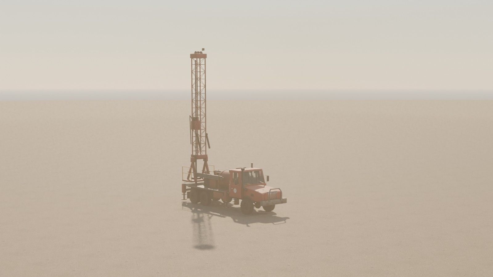 A drill truck with its lattice tower raised in a hazy plain